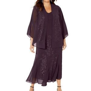 Catherines Maxi Dress and Cardigan Womens Size 28W Purple 2 Piece Formal Beaded